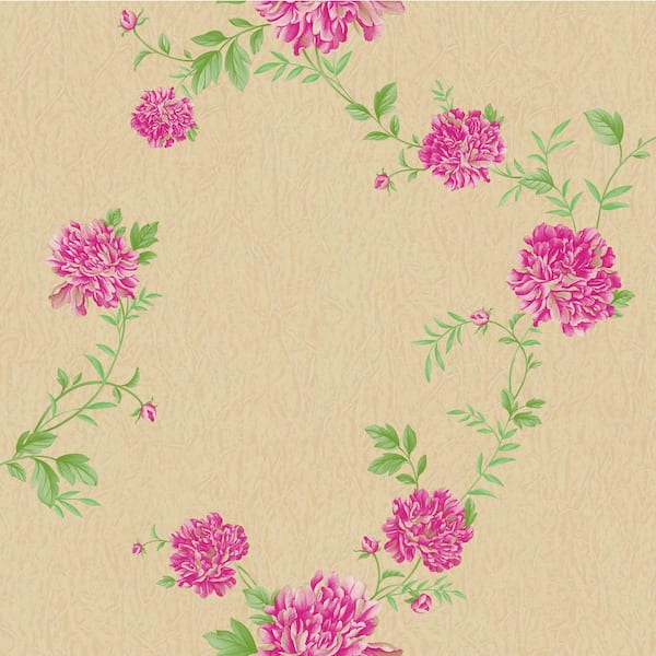 Dundee Deco Falkirk Ophia Peonies Hot Pink, Brown Vinyl Peelable Roll (Covers 57 sq. ft.)