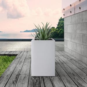 9 in. x 20 in. Square Pure White Lightweight Concrete and Weather Resistant Fiberglass Tall Planter with Drainage Hole