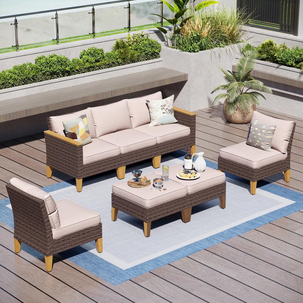 Brown Wicker Rattan 7 Seat 7-Piece Steel Outdoor Patio Conversation Set with Beige Cushions and 2 Ottomans price history on PriceWatchPro