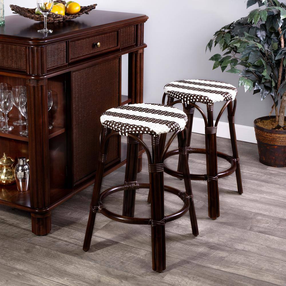 Coastal Bistro Dark Brown Rattan Counter Stool with White Stripes