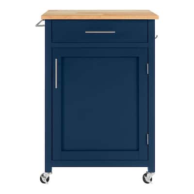Glenville Small Midnight Blue Kitchen Cart with Butcher Block Top and Locking Wheels (24" W )