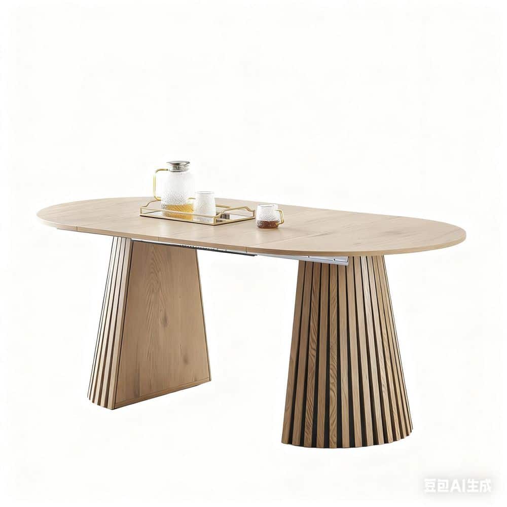 Extendable Modern Natural Wood MDF 39.37 in. Slatted-Leg Double Pedestal Base Dining Table 6 Person
