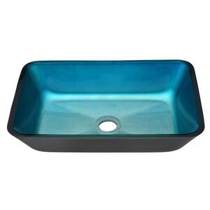 Glass Rectangular Vessel Bathroom Sink in Turquoise Finish with Matte Black Faucet and Pop-Up Drain