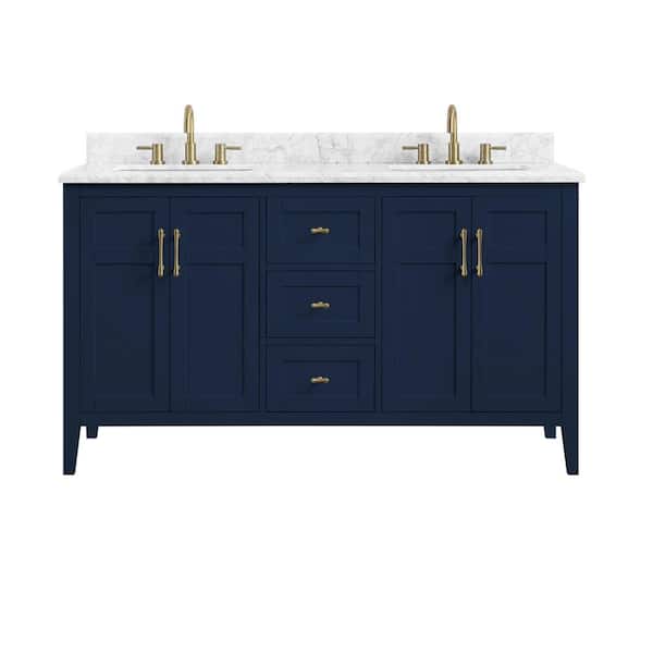 Sturgess 61 in. Double Sink Navy Blue Bath Vanity with White Carrara Marble Top (Assembled)