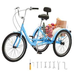 Adult Tricycles Bike 24 in. 3-Wheeled Bicycles 3 Wheel Bikes Trikes Carbon Steel Cruiser Bike, Blue
