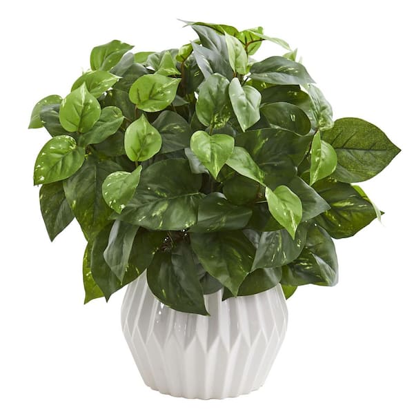 Nearly Natural 16 in. Indoor Pothos Artificial Plant in White Ceramic ...