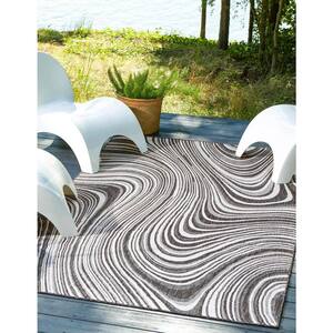 Outdoor Modern Pool Charcoal 6 ft. 1 in. x 9 ft. Area Rug