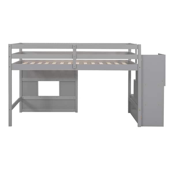 Polibi Twin Size Loft Bed with Storage Staircase and Window, Gray