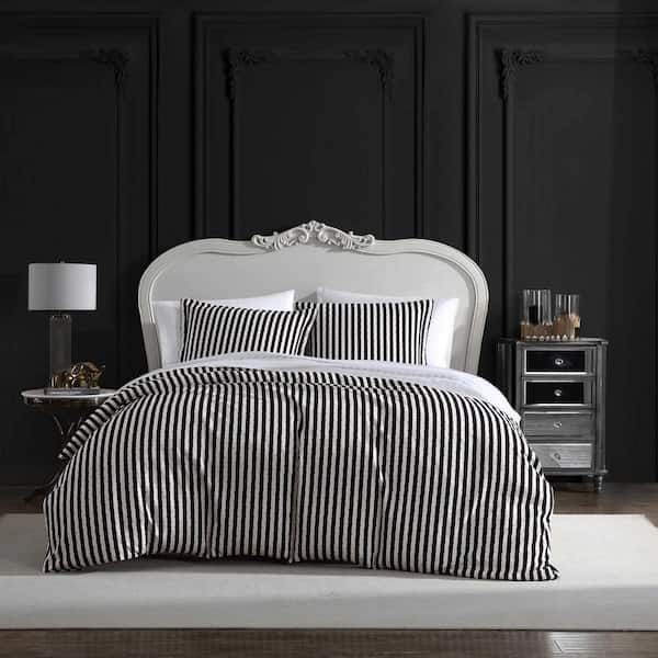 Wonderland Stripe 3-Piece Black/White Microfiber Full/Queen Duvet Cover Set