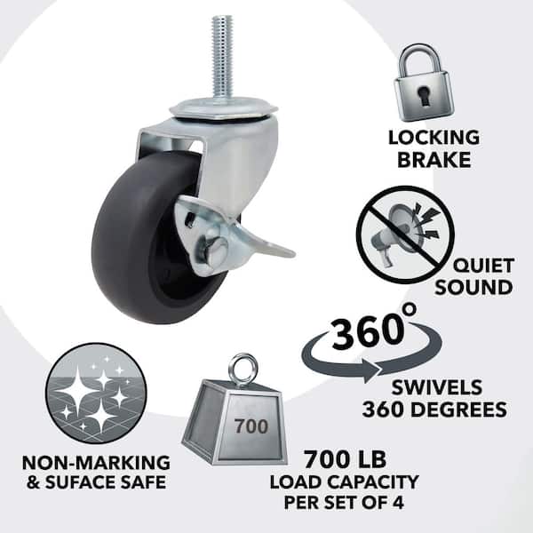 3 in. Gray Rubber Like TPR and Steel Swivel Threaded Stem Caster with Locking Brake and 175 lb. Load Rating