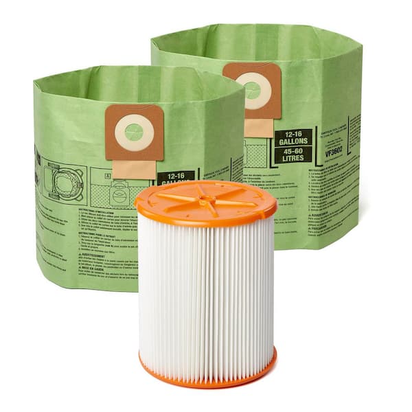 Wet Dry Vac Filter Kit with HEPA Replacement Filter and 2 Cyclonic Dust Bags for Select 12-16 Gallon Shop Vacuums