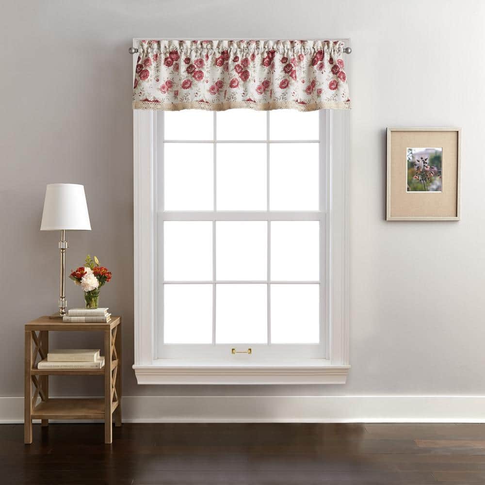 Antique Rose Red Floral Polyester Rod Pocket Valance