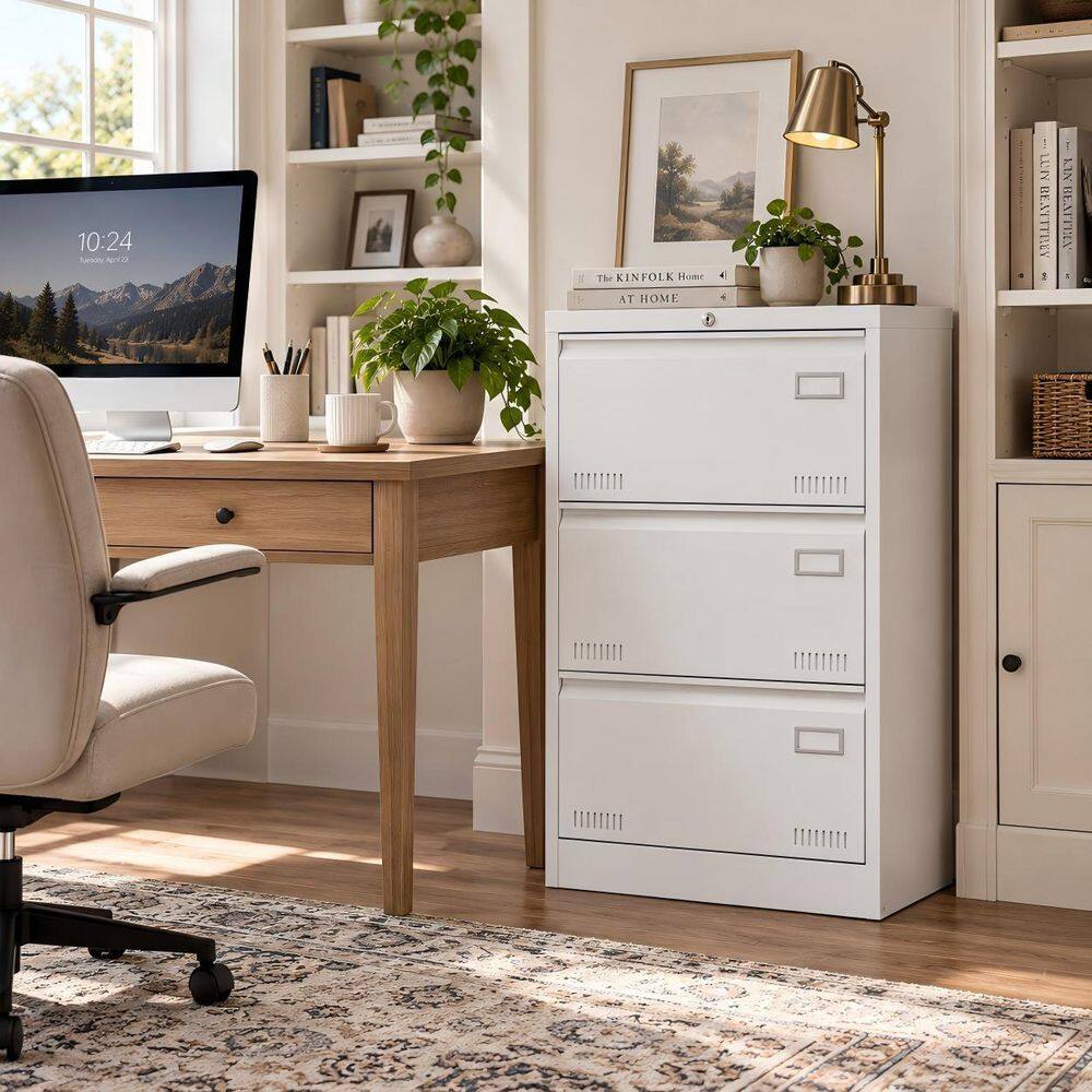 White 40 in. H Accent Cabinet Office Storage Cabinet with 3 Drawers and Locking Lateral File Cabinet