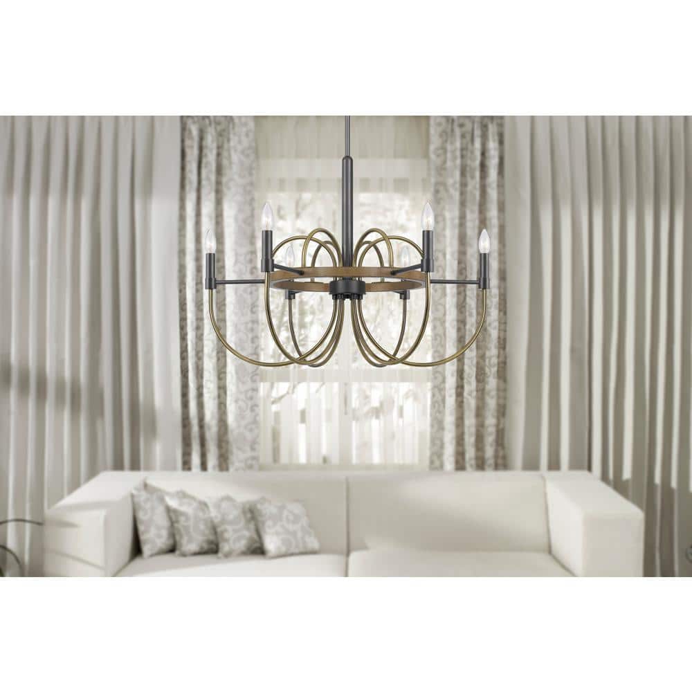 Seagrove 31" Bronze and Wood 6-Light Candle Chandelier