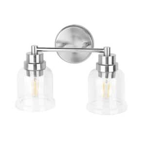 13 in. W 2-Light Brushed Chrome Mid-Century Modern Indoor Vanity Light with Clear Glass Shade