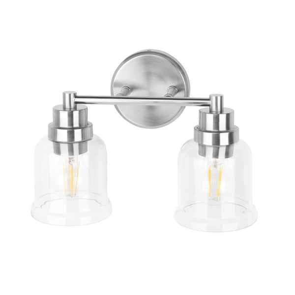 Cinkeda 13 in. W 2-Light Brushed Chrome Mid-Century Modern Indoor Vanity Light with Clear Glass Shade