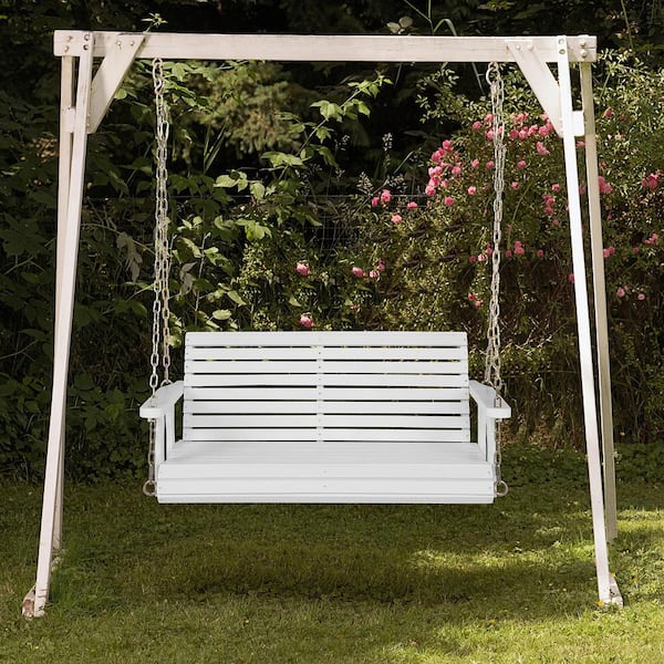 2-Person Wood Outdoor Patio Swing Patio Porch Hanging Bench Chair for Garden Backyard White