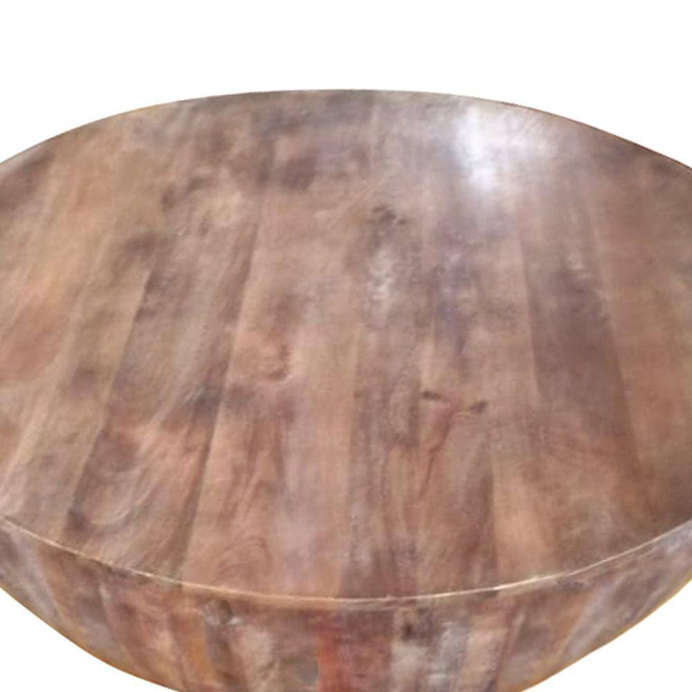Rustic Drum-Shape Handcarved Mango Wood Coffee Table, Raw Brown
