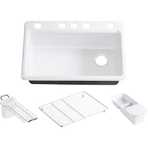 Riverby Workstation Undermount Cast Iron 33 in. 5-Hole Single Bowl Kitchen Sink Kit in White with Accessories