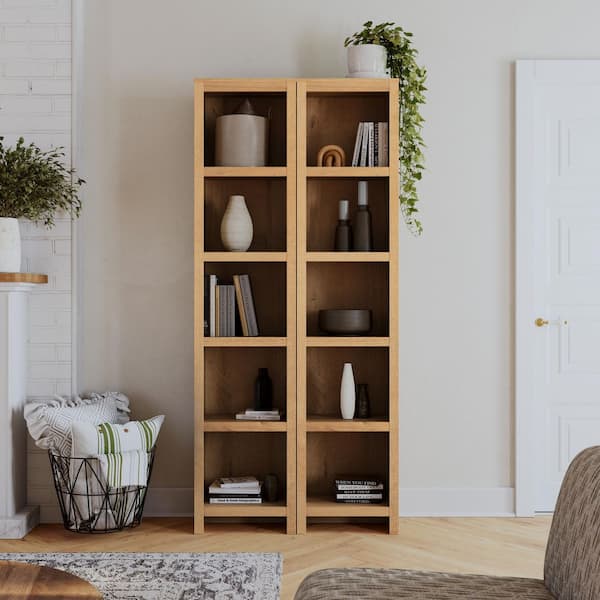 Prepac Moda 80 in. Tall Natural Oak Engineered Wood 5-Shelf Narrow Bookcase with Storage for Home Living Room