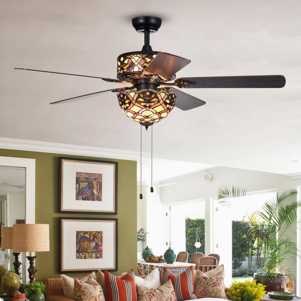 Kalsti Matte Black 52-Inch Tiffany Glass Chandelier Ceiling Fan
