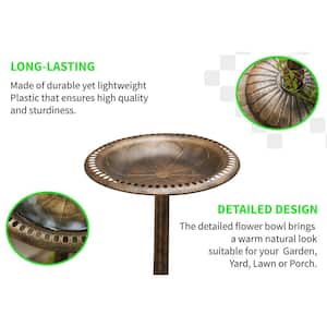 28 in. Tall Plastic Bronze Lightweight Flower Design Birdbath and Birdfeeder Outdoor Garden Porch Decor