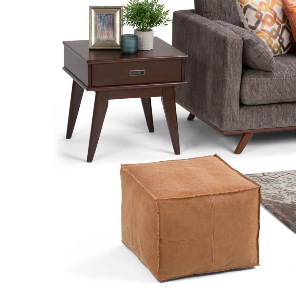 Brody Distressed Brown Faux Leather Square Pouf