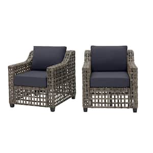Briar Ridge Brown Wicker Outdoor Patio Deep Seating Lounge Chair with CushionGuard Midnight Navy Blue Cushions (2-Pack)