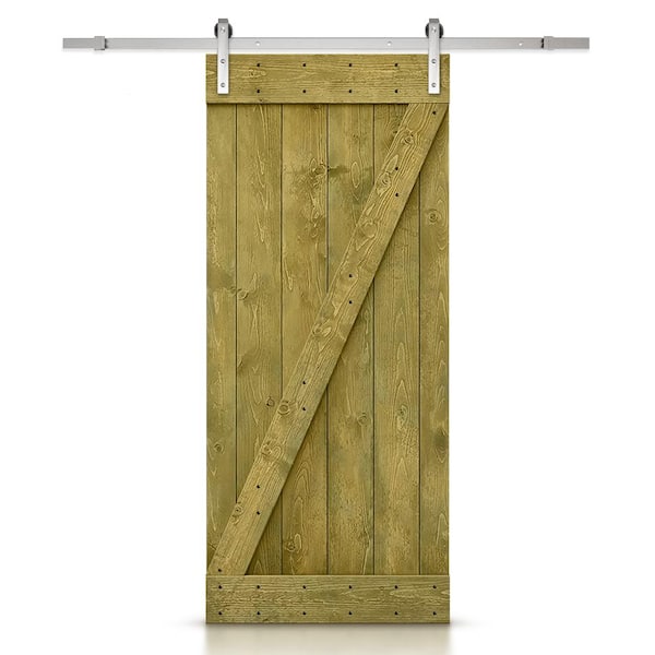 CALHOME Z Bar Series 24 in. x 84 in. Pre-Assembled Jungle Green Stained Wood Interior Sliding Barn Door with Hardware Kit