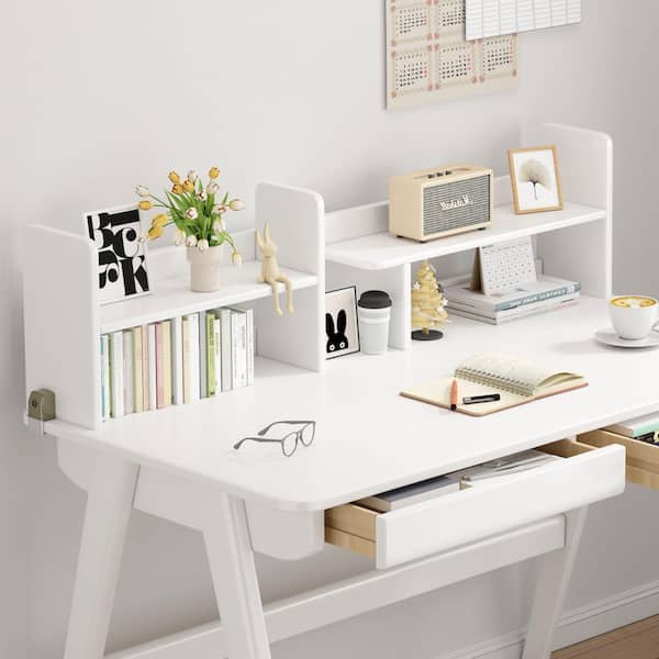 1-Piece White Kids Study Desk Rubber Wood with Bookshelf and 2-Drawers, Study/Writing Table for Bedroom Home Office