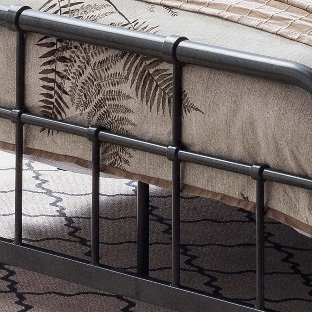 Charcoal Gray Industrial Queen Iron Bed Frame with Upholstered Headboard