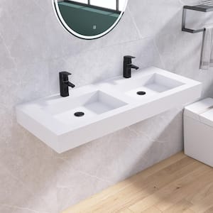 47 in. White Solid Surface Wall-Mounted Bathroom Double Vessel Sinks with Faucet Holes