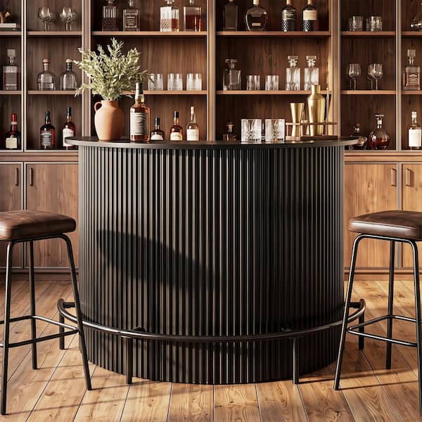 Black 37.4 in. H Arc-Shaped Bar Table Seats 3 Modern 4-Tier Counter Height Pub with Metal Footrest for Home, Only Table