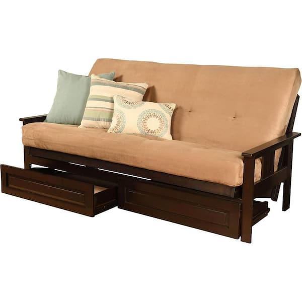 79 in. Espresso/Suede Peat Polyester Upholstered Full Size Futon Set with Mattress and Storage Drawers