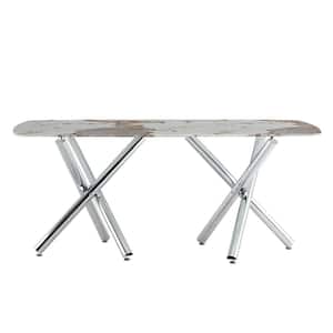 White Tempering 70.87 in. Sliver Double Glass Top Material Cross Legs Table Base Type Dining Table Seats 6