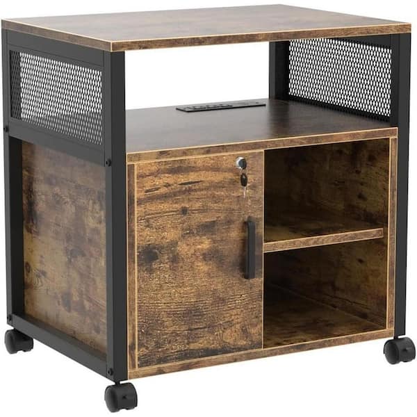Rolling Office Filing Cabinet with Power Outlets and USB Charging Ports Modern Lockable Printer Stand Rustic Brown