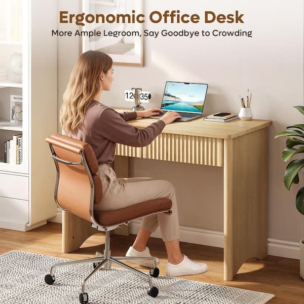 39.37 in. Natural Fluted Writing Desk with 2-Storage Drawers, Modern Small Computer Desk for Home Office Bedroom