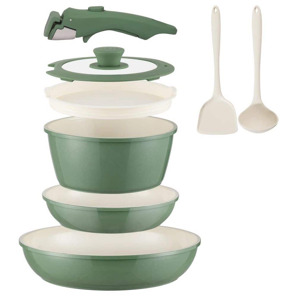 8-Piece Nonstick Aluminum Cookware Set in Green, Pots and Pans Set Detachable Handle with Frying Pans, Ceramic Coating