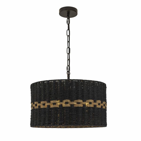 Kira 20 in. 3-Light Gold Coastal Boho Drum Pendant Light for Dining Room with Brown Woven Shade