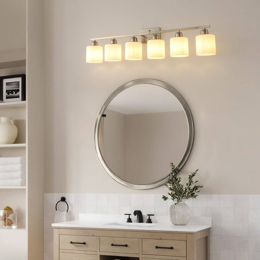 38 in. 6-Light Chrome Modern Vanity Light Wall Lamp Sconce Over Mirror with Frosted Milky White Glass Shade price history on PriceWatchPro