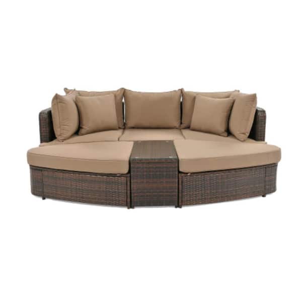 Unbranded Brown PE Wicker 6-Piece Patio Conversation Round Sofa Set, Deep Seating Set with a Brown CushionGuard, Coffee Table