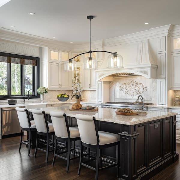 Transitional 55.9 in. 3-Light Black Large Linear Chandelier with Clear Glass Shades for Kitchen Island, LED Compatible