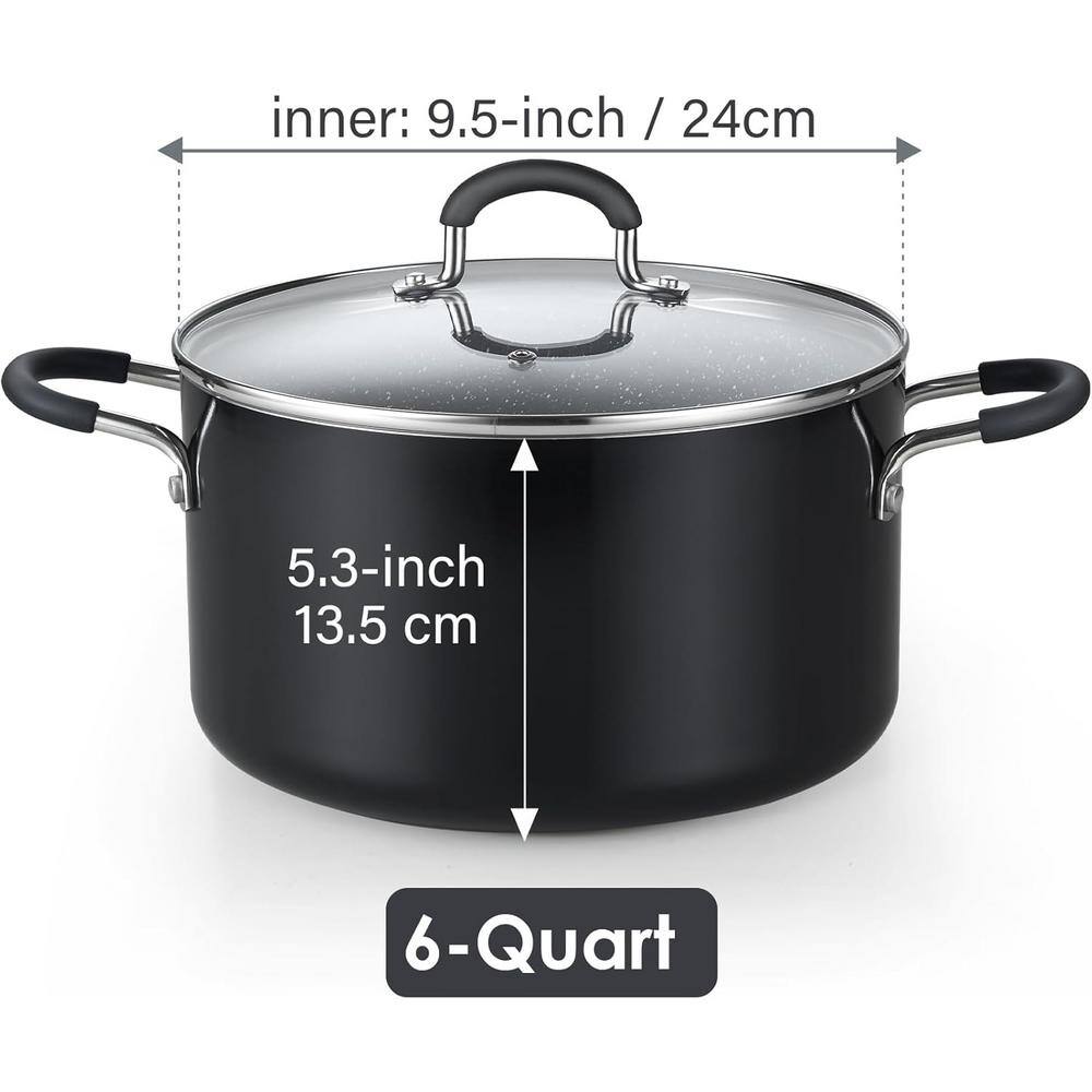 6-Quart Black Nonstick Aluminum Stockpot with Glass Lid