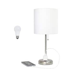 Oslo 19.5 in. Contemporary Bedside Power Outlet Base Metal Table Lamp in Brushed Steel, White Shade, with LED Bulb