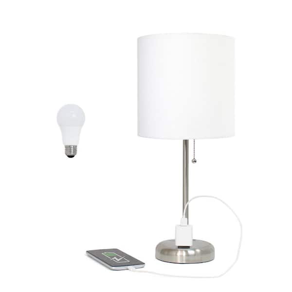 Creekwood home Oslo 19.5 in. Contemporary Bedside Power Outlet Base Metal Table Lamp in Brushed Steel, White Shade, with LED Bulb