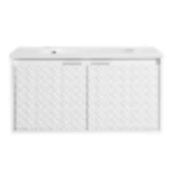 Sanlan GLEM03 36.00 in. W x 18.20 in. D x 18.50 in. H Single Sink Floating Bath Vanity in White with White Solid Surface Top