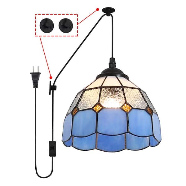 Modern 7.8 in Tiffany Blue Glass Style Hanging Pendant Lighting, Adjustable Plug in Chandelier for Living Room