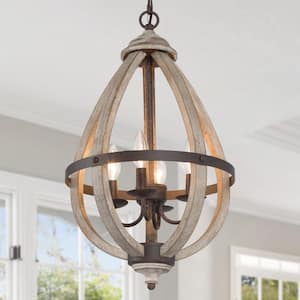 13 in. 4-Light Rustic Bronze Farmhouse Globe Candlestick Chandelier with Teardrop Wood Cage Transitional Island Pendant