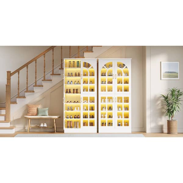 Lauren 68.94 in. H Wooden White Shoe Storage Cabinet 32-Pairs 8-Tier Racks Organizer Adjustable Shelves Led Lights