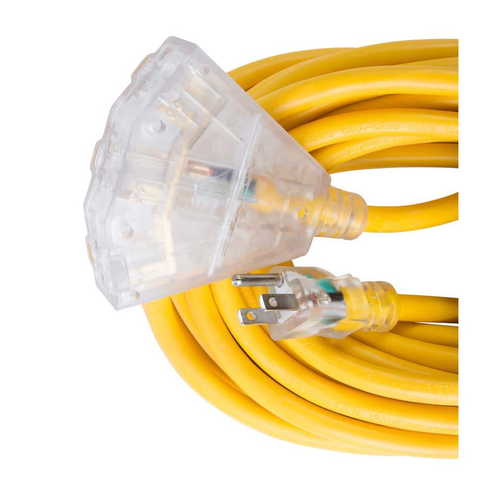 Heavy Duty 50 ft Yellow SJTW Extension Cord with Triple Tap